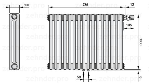 Схема (чертеж) Радиатор Zehnder Charleston 3100/16 №V008 Белый глянцевый RAL 9016